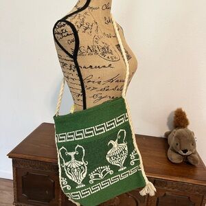 vintage Greek woven shoulder bag, likely from the 1970s.